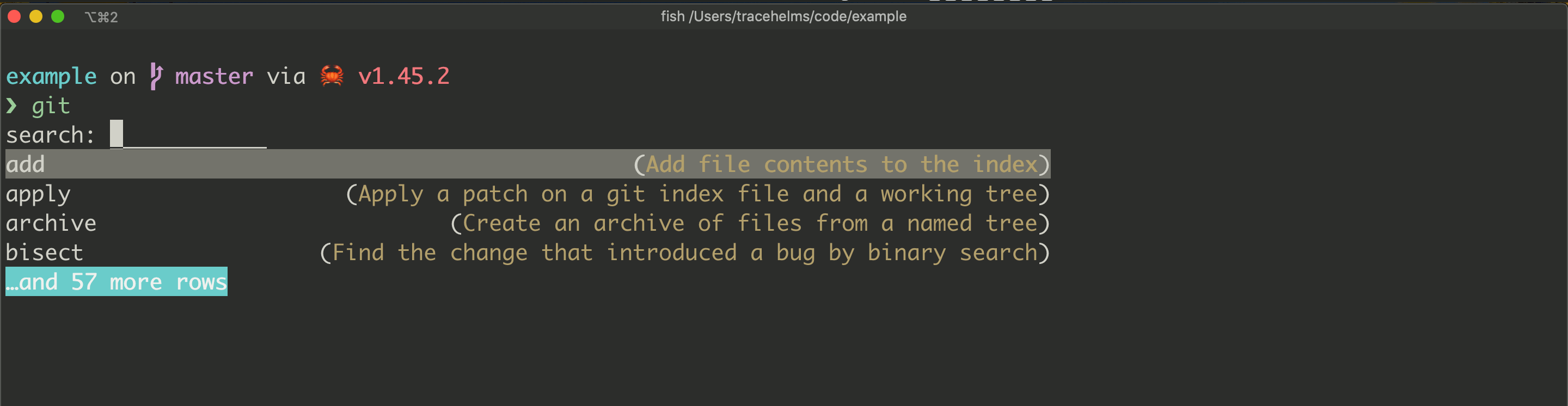 Fish search Git subcommands